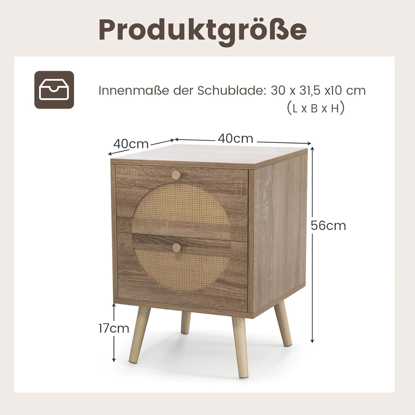 Nachttisch 2er Set, Nachtschrank mit 2 Rattan-Schublade, Nachtkonsole Holz, 40 x 40 x 56 cm, Beistelltisch für Wohnzimmer Schlafzimmer