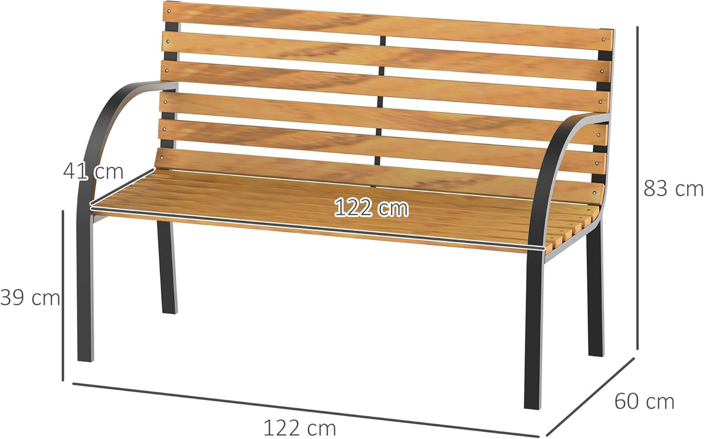 Garden Bench Seat Park Bench 2-Seater Garden Steel + Pine Wood Natural W 122 x D 60 x H 83 cm