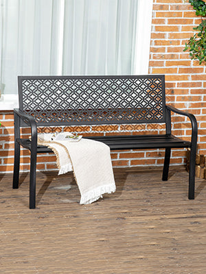 Steel Garden Bench, 2 Seater Park Bench with Backrest & Armrest, Floral Bench for Garden, Balcony, Max. 240 kg, Black, 127 x 63 x 83 cm