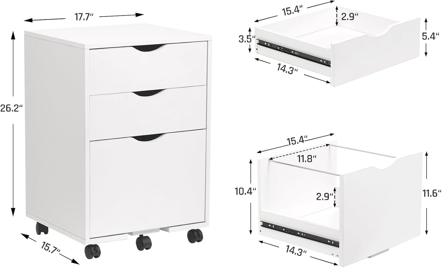 HollyHOME 3-Drawer Wood File Cabinet, Under Desk Cabinet for Home Office, Rolling Storage Cabinet for Home, Printer Stand, for A4, Letter-Size Files, 11.8in Hanging File Folders, White