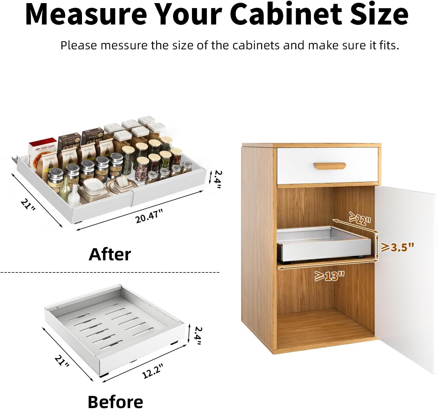 2 Pack Pull Out Cabinet Organizer,Expandable Slide Out Drawers for Kitchen Cabinets，21" Deep Cabinet Pull Out Shelves,Pull Out Drawers for Kitchen Cabinets,Adjustable Width12.5"-20.47" White