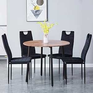 Round Dining Table Wood Pattern Table Round Kitchen Table Dining Room Table with Metal Legs for Offices Apartments Restaurants 90 x 90 x 75 cm (Wood)