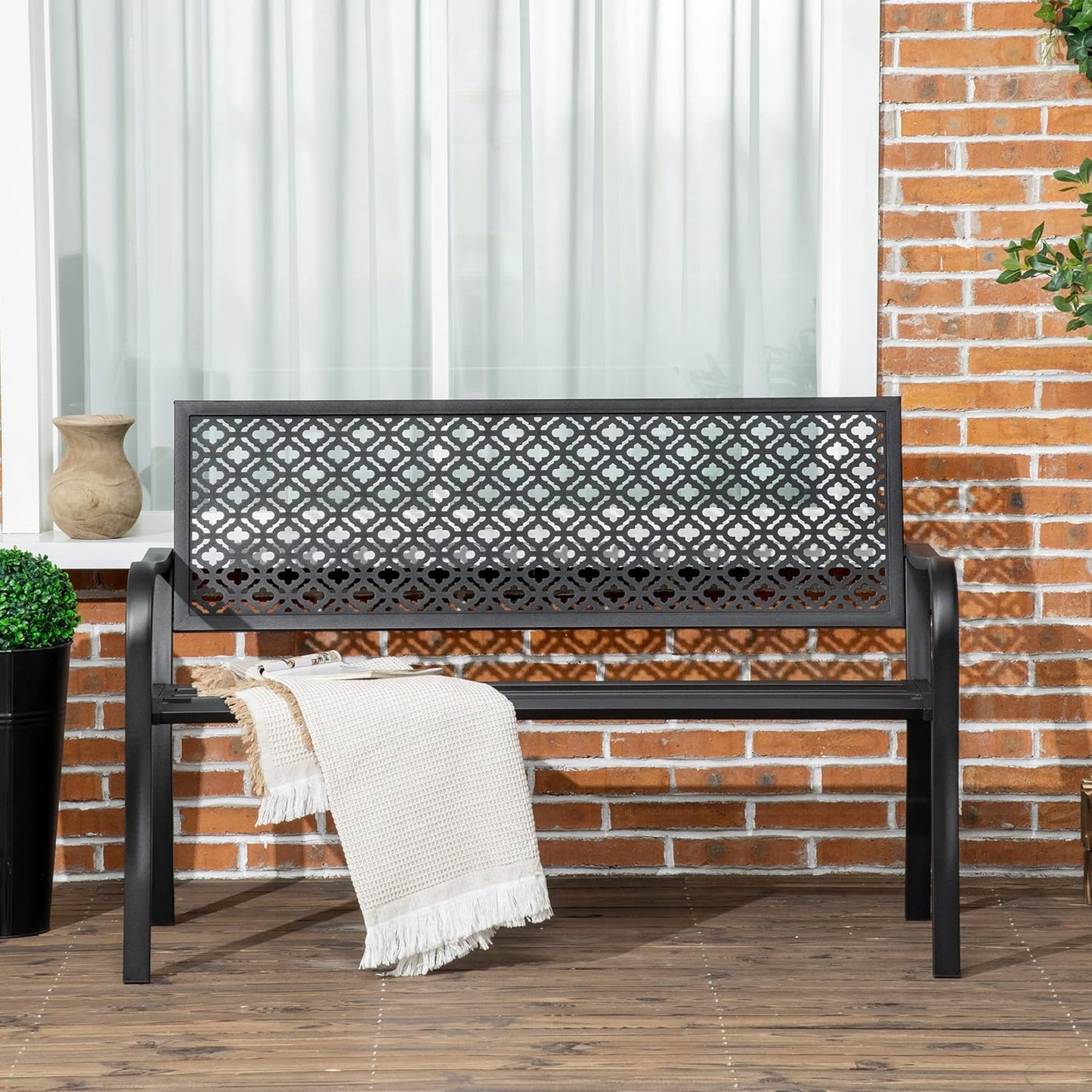 Steel Garden Bench, 2 Seater Park Bench with Backrest & Armrest, Floral Bench for Garden, Balcony, Max. 240 kg, Black, 127 x 63 x 83 cm