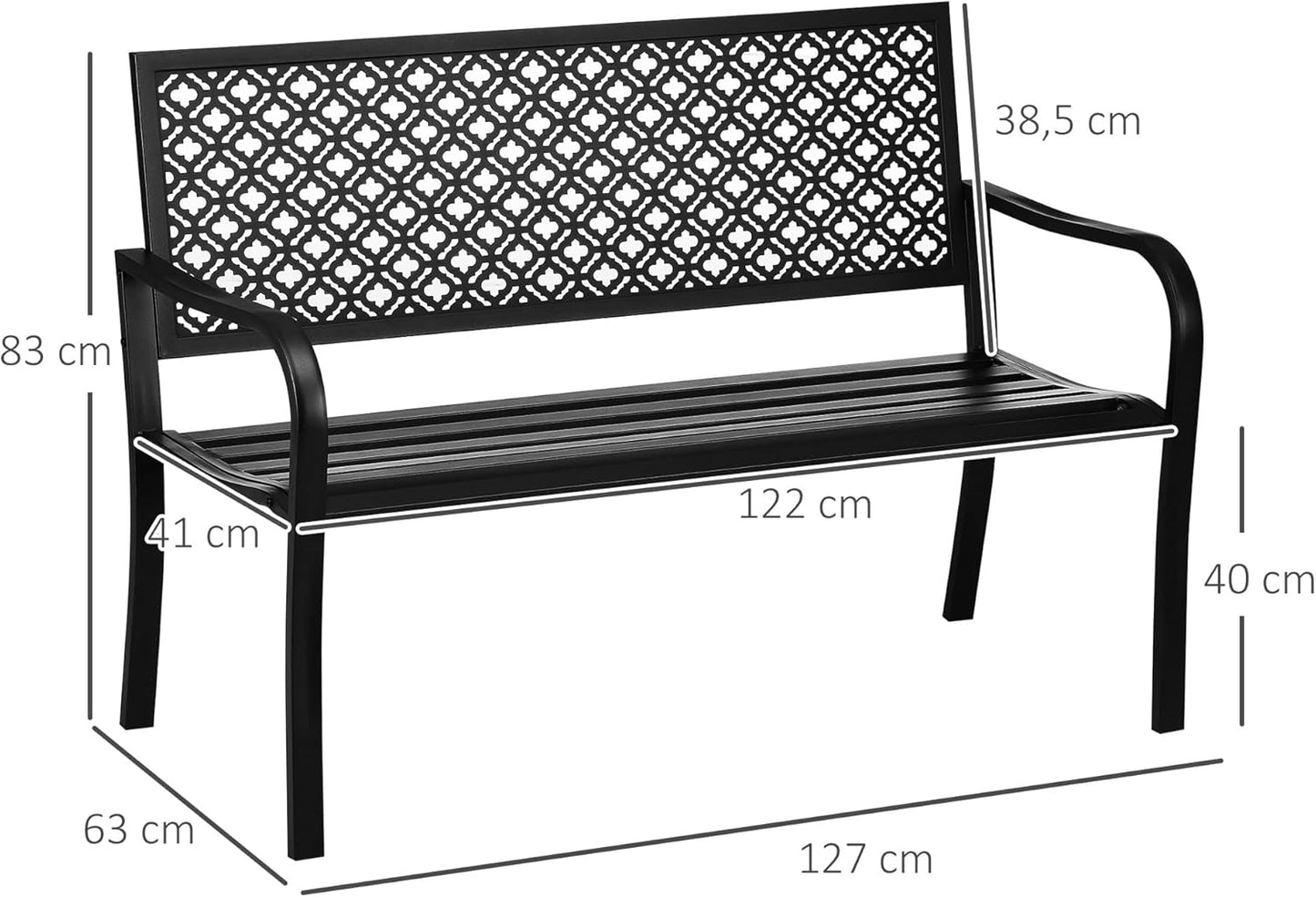 Steel Garden Bench, 2 Seater Park Bench with Backrest & Armrest, Floral Bench for Garden, Balcony, Max. 240 kg, Black, 127 x 63 x 83 cm