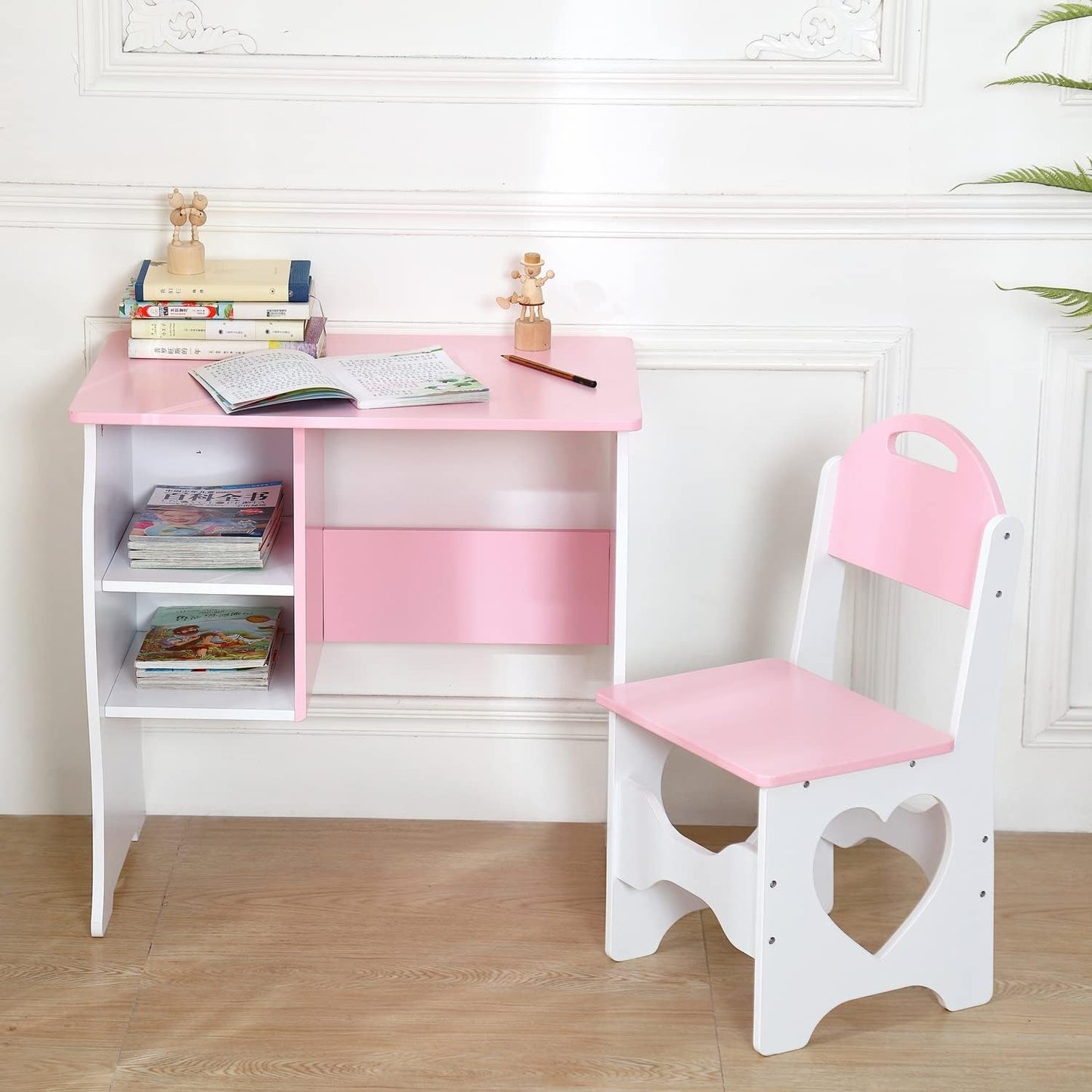 Kids Desk and Chair Set, Children Study Desk with Storage Shelf, Wooden School Study Table, Writing Table for Home School Use(Pink White)