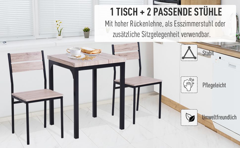 3-piece dining set, dining table set, MDF wood table with natural wood grain, metal and black with 1 table and 2 chairs.