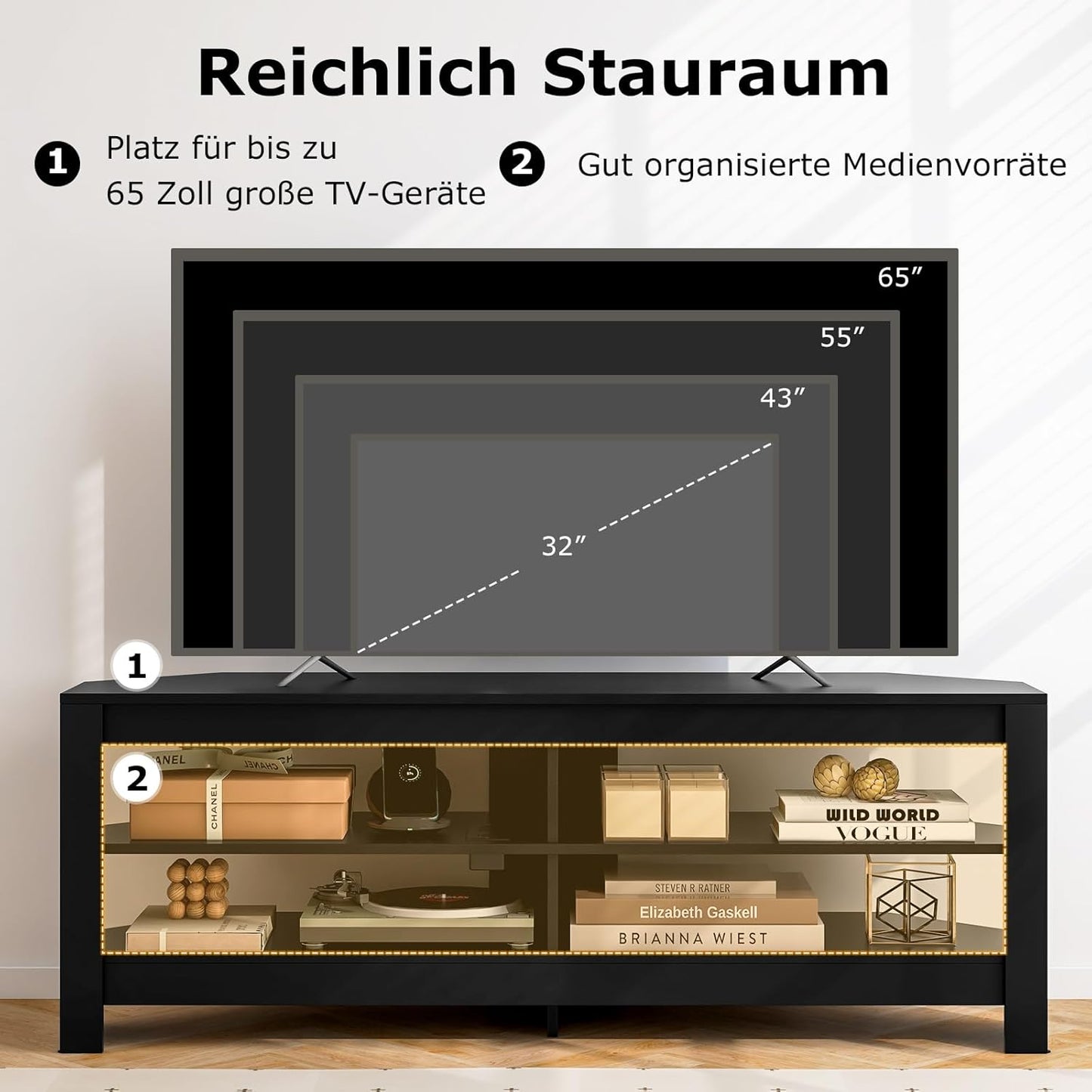 Corner TV Cabinet with Charging Station, TV Lowboard with 4 Open Shelves, TV Cabinet for TVs up to 65 Inches, TV Stand for Living Room, Bedroom, 140 x 40 x 49.5 cm, Black