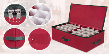 Christmas Ornament Storage Box Fit Balls (36 PCS 4’’ or 64 PCS 3”) with Adjustable Dividers, Cube Storage Containers Organizer, Stackable Storage Bins Dual Zipper, Handles, Visual Slot