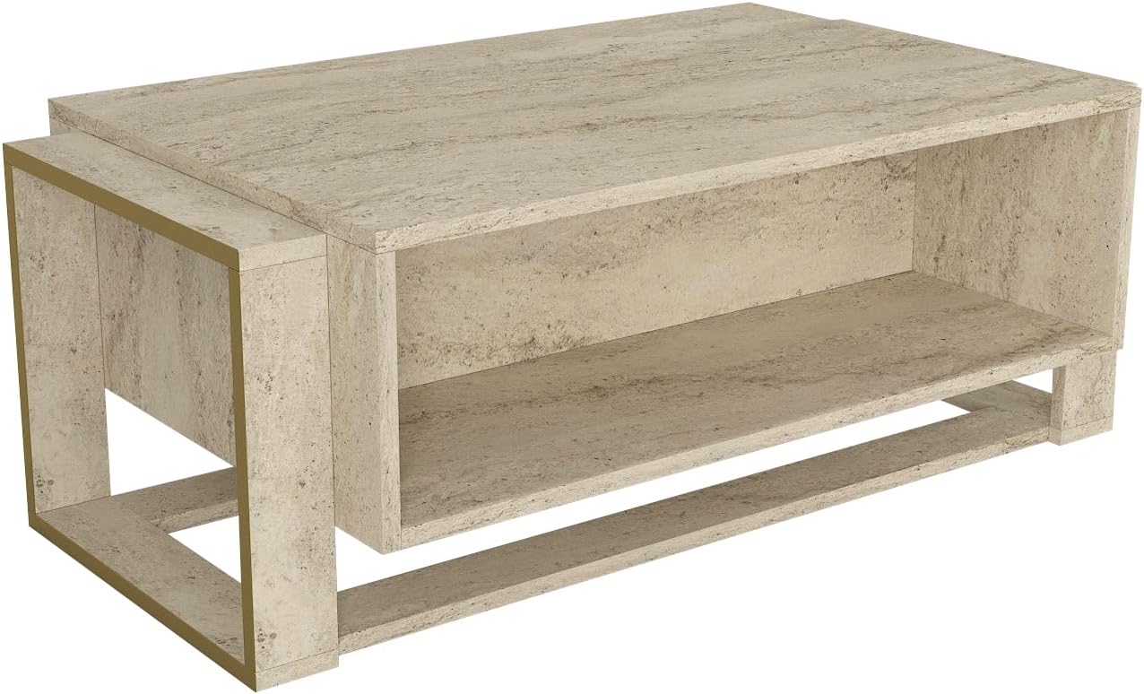 moebel17 2482 Coffee Table Sofa Table Living Room Table for Living Room, Wood, Beige Granite Look, High Gloss, Storage Compartments, Lots of Storage Space, Designer Table, 107 x 41 x 60 cm