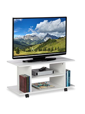 TV Board with Wheels, 4 Open Shelves, Mobile Coffee Table for Devices, CDs, DVDs, HBT 40 x 80 x 40 cm, White, Opulent Garden