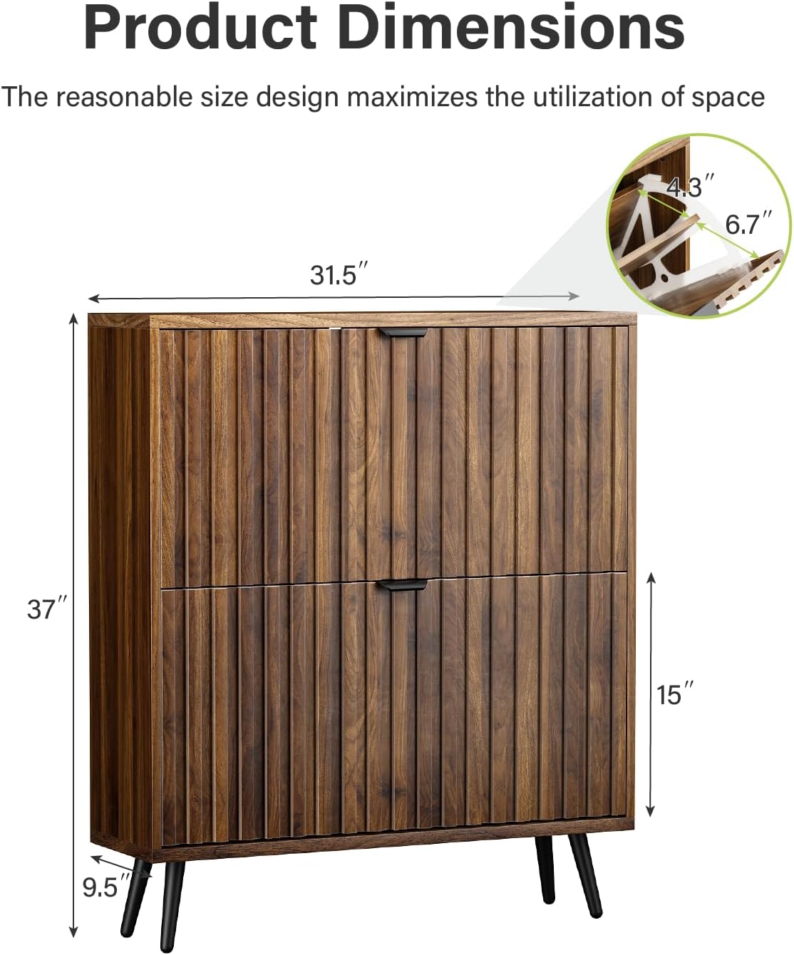 Shoe Storage Cabinet, Fluted Shoe Cabinet Storage for Entryway, Walnut Hidden Shoe Cabinet with Metal Legs,Shoe Organizer Cabinet with Flip Doors, Slim Entryway Shoe Storage Cabinet （31.5in）