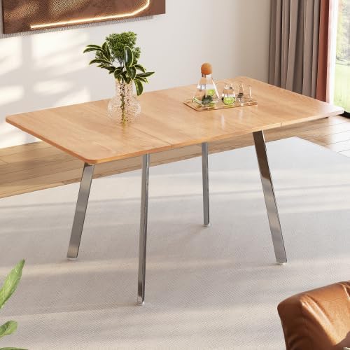 Dining Table 140 x 80 cm, Rectangular Modern Industrial Dining Table, for 4-6 People, Silver Chromed Legs, Suitable for Restaurant, Living Room, Kitchen, Living Room, Oak/Silver