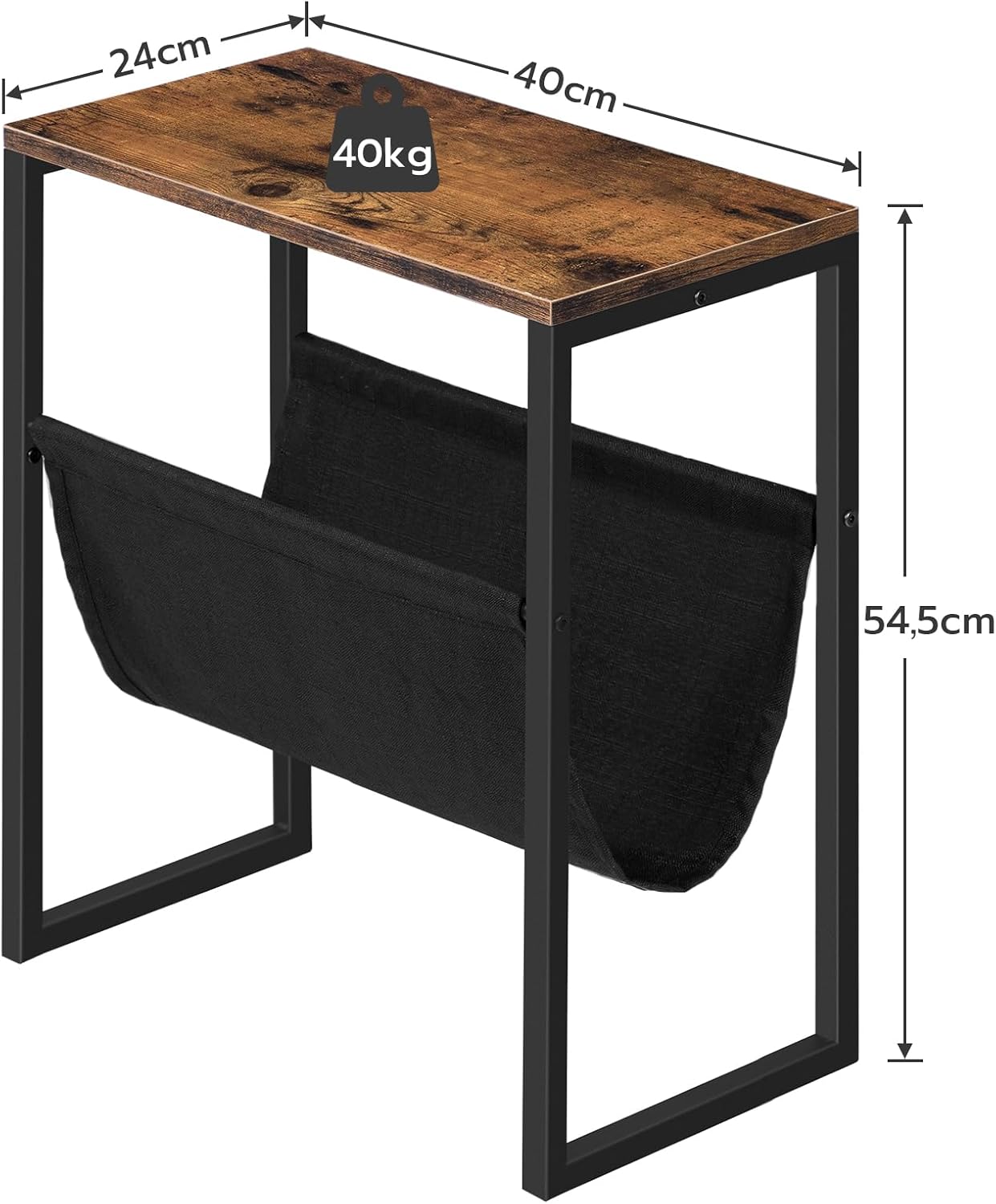 Side Table Narrow Bedside Table with Fabric Magazine Sling, Sofa Table, Suitable for Small Spaces, Bedroom, Living Room, Office, Dark Brown EUBF66BZ01