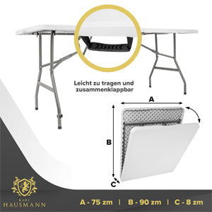 Folding Table with Handle for Carry, Beer Table, Garden Table, Dining Table, Buffet Table with Carry Handle, Rattan Look, 180 x 75 cm, White, Smooth