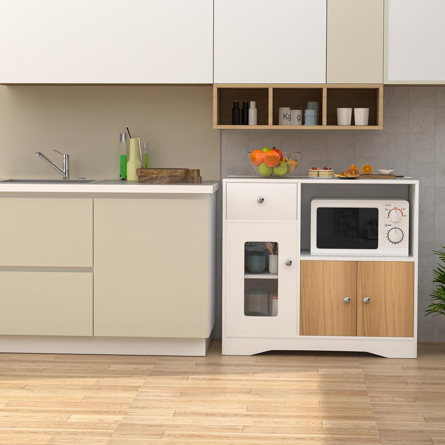 Sideboard Kitchen Cabinet with Socket, White Sideboard with 1 Drawer and 2 Cabinet Doors, Sideboard, Chest of Drawers and Sideboards for Entrance, Living Room, Bedroom, 83 x 40 x 80 cm,