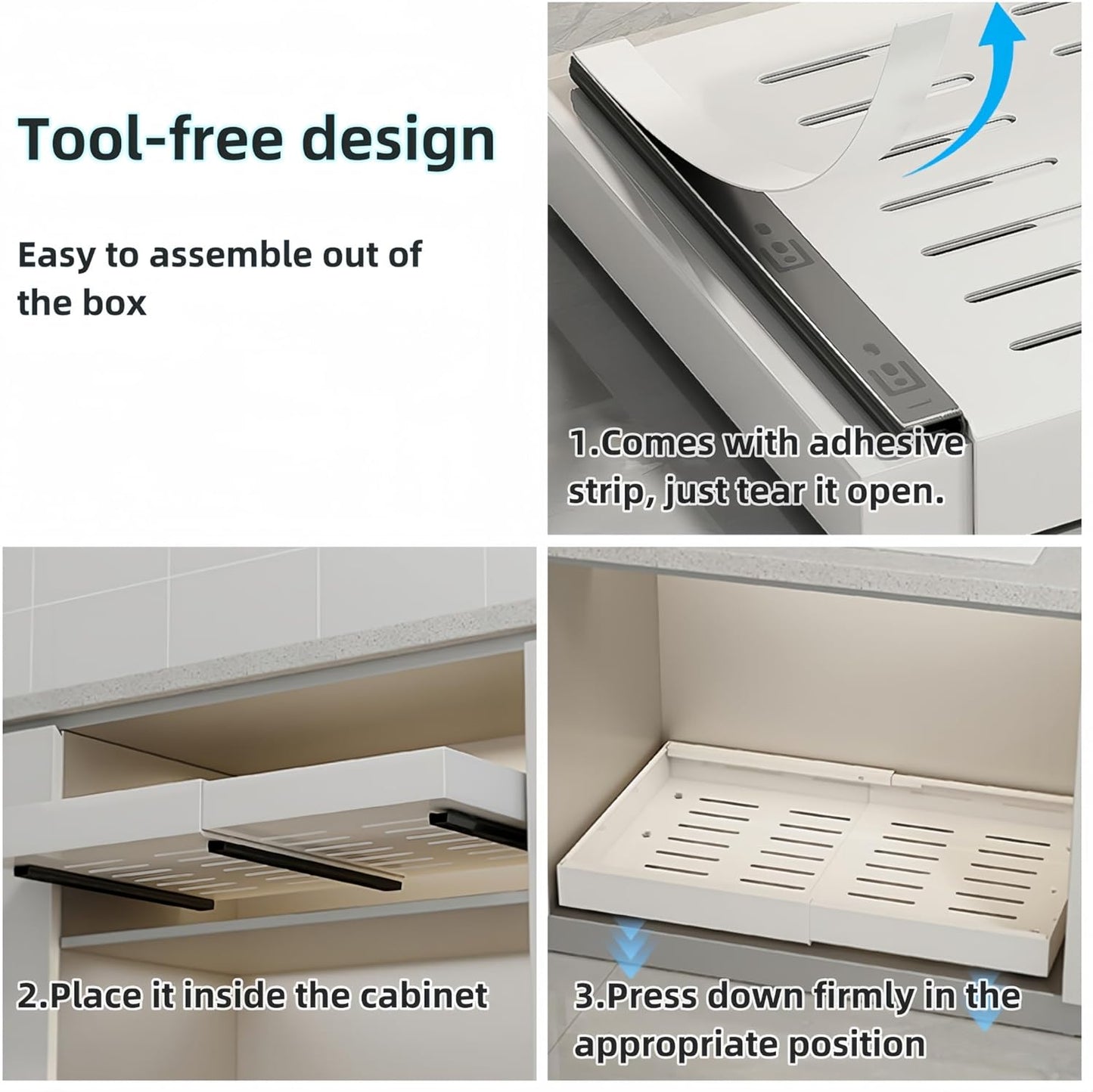 Pull out Cabinet Organizer, Expandable(12.6"-20.5"), 20.5" Deepy Slide out Drawers Fixed with Adhesive Nano Film for Pots, Roll out Shelf Storage for Kitchen (White_20.5''Deep)