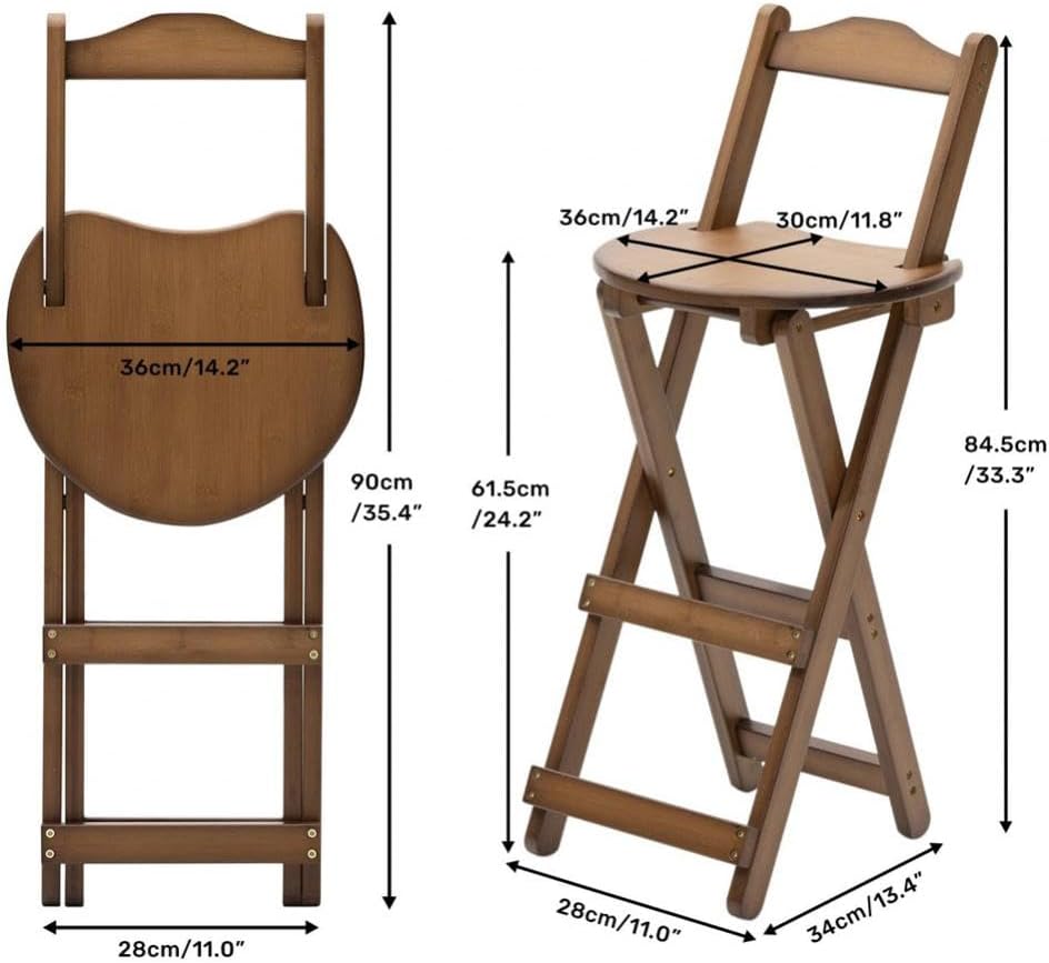 Bamboo Folding Bar Stool Counter Height Stool with Back Footrest Portable Bar Chair Dining Chairs for Kitchen Garden Indoor Outdoor No Assembly (Brown)