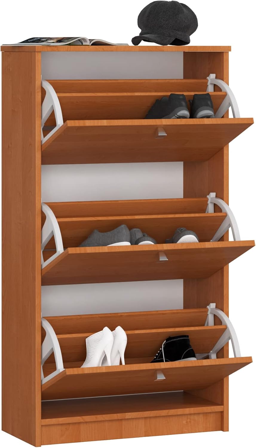 AKORD Shoe Cabinet with 3 Shoe Tipper | Shoe Rack Closed | Shoe Bench | Shoe Storage | W 60 x H 113 x D 28.5 cm, Weight 29 kg | Colour Alder