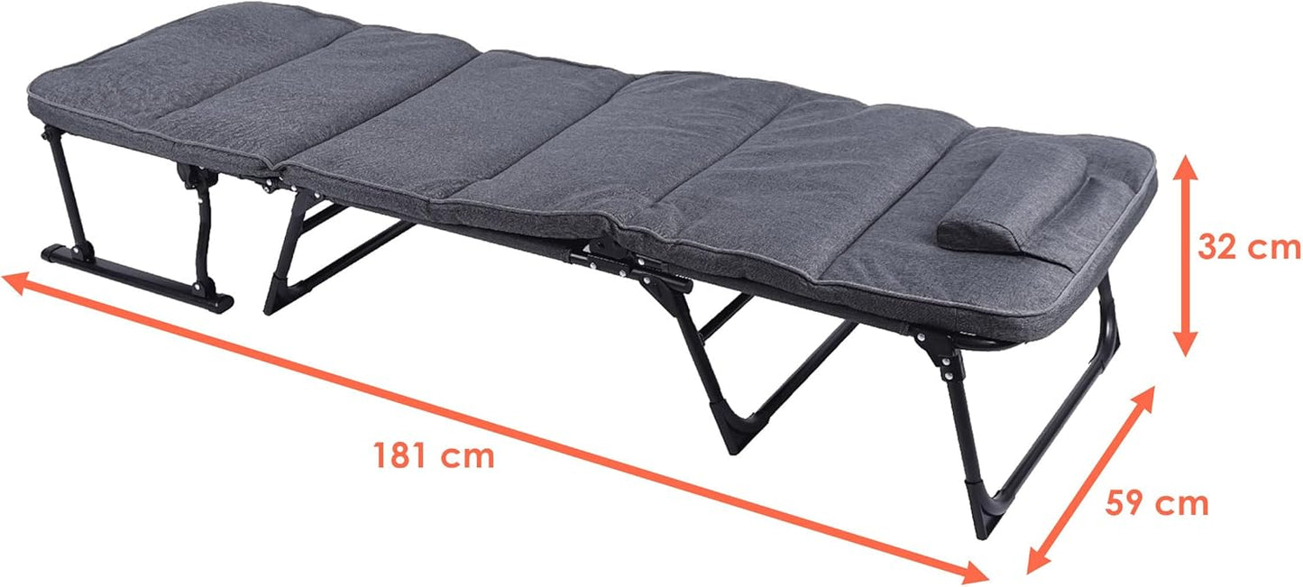 2-in-1 Multifunctional Folding Sun Lounger, Grey, 181 x 59 cm, Garden Deck Chair with Cushion Cushion, Garden Lounger Recliner Chair