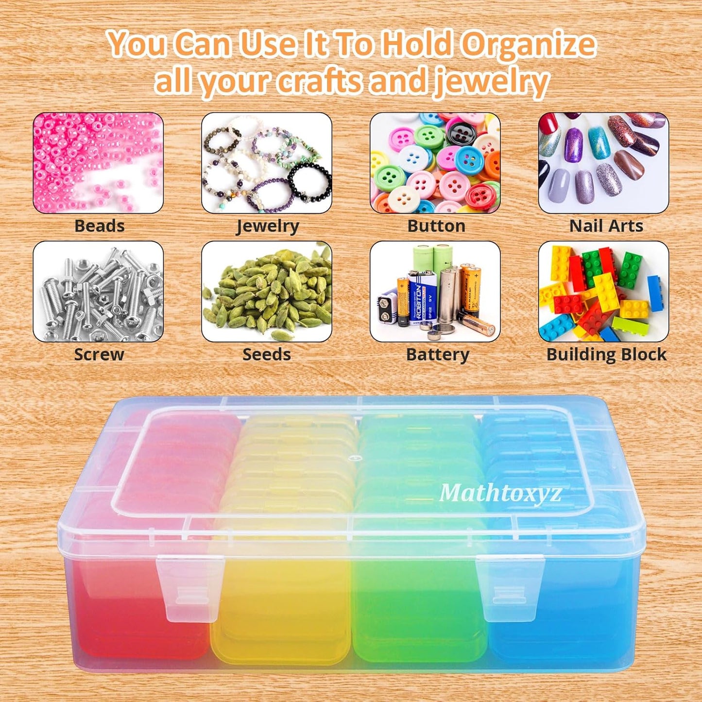 Mathtoxyz Bead Organizer Box(Red,Yellow,Blue,Green), Small Bead Organizers and Storage Plastic Cases Mini Clear Containers Boxes with Hinged Lid for Bracelet Making DIY Jewelry Craft