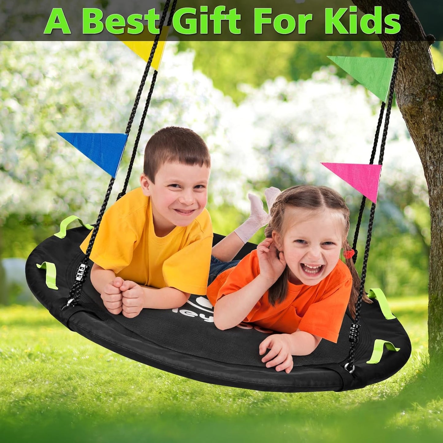 Tree Swing, Saucer Flying Swing 40 Inch for Kids, 900lbs Weight Capacity, with Adjustable Hanging Straps, for Backyard and Outdoor, Gifts for Kids, Black