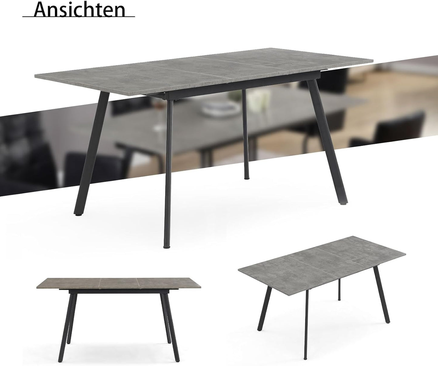 Dining Table, Extendible 120-160 x 80 cm, for 4-6 People, Wooden Kitchen Table with Metal Frame for Dining Room, Kitchen, Scandinavian Modern Design, Concrete Look, 11201-BETO