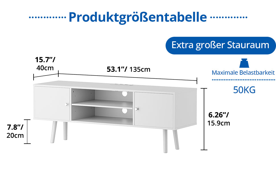 Cozy Castle TV Cabinet for TV 60 Inches, TV Lowboard with Sockets, 2 Cabinets and 2 Shelves, TV Table for Living Room, 135 x 50 x 40 cm, White