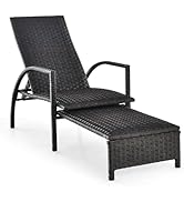 Folding Garden Lounger Polyrattan Recliner Sun Lounger with 2 Wheels, Deck Chair with 5-Way Adjustable Backrest, Weatherproof Rattan Lounger for Garden, Balcony and Patio, up to 150 kg