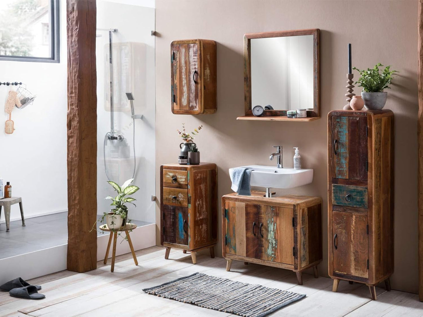 Calcutta Bathroom Cabinet Recycled Wood Colourful Rustic Real Wood Solid Bathroom Furniture Bathroom Cabinet (with Base)