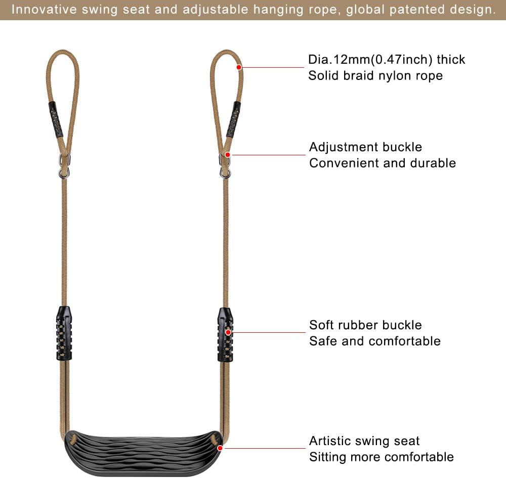 SELEWARE Garden Games Swing Seat Made of Robust Set with 2 m Long Adjustable Rope and 2 Carabiners, Robust Swing Outdoor Garden Swing Black