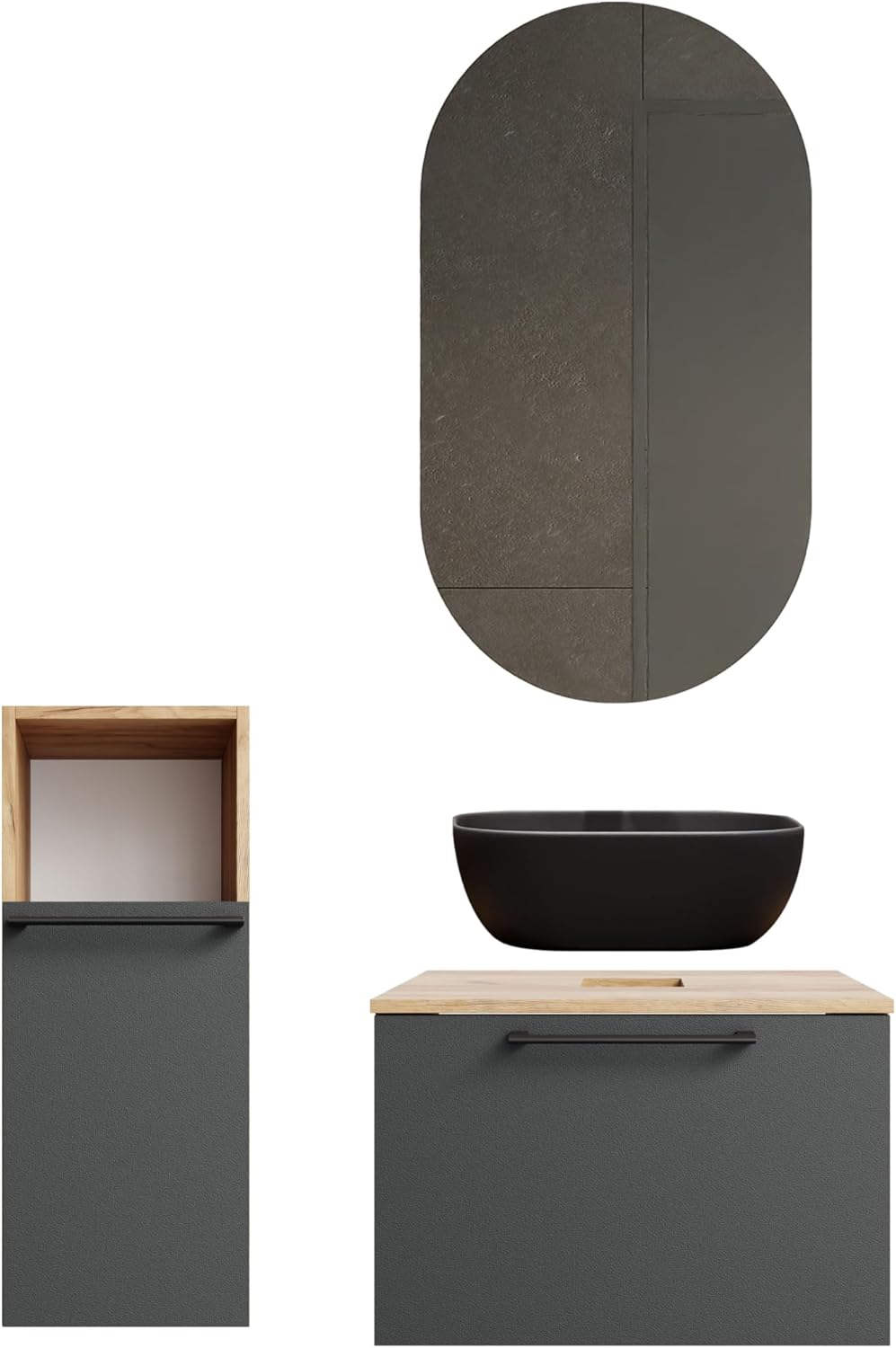 Astra Bathroom Furniture Set with Wash Basin 60 cm with 1 x Midi Cabinet Gold Oak Anthracite, Countertop Sink 42 cm Black, Mirror (with LED) 50 cm