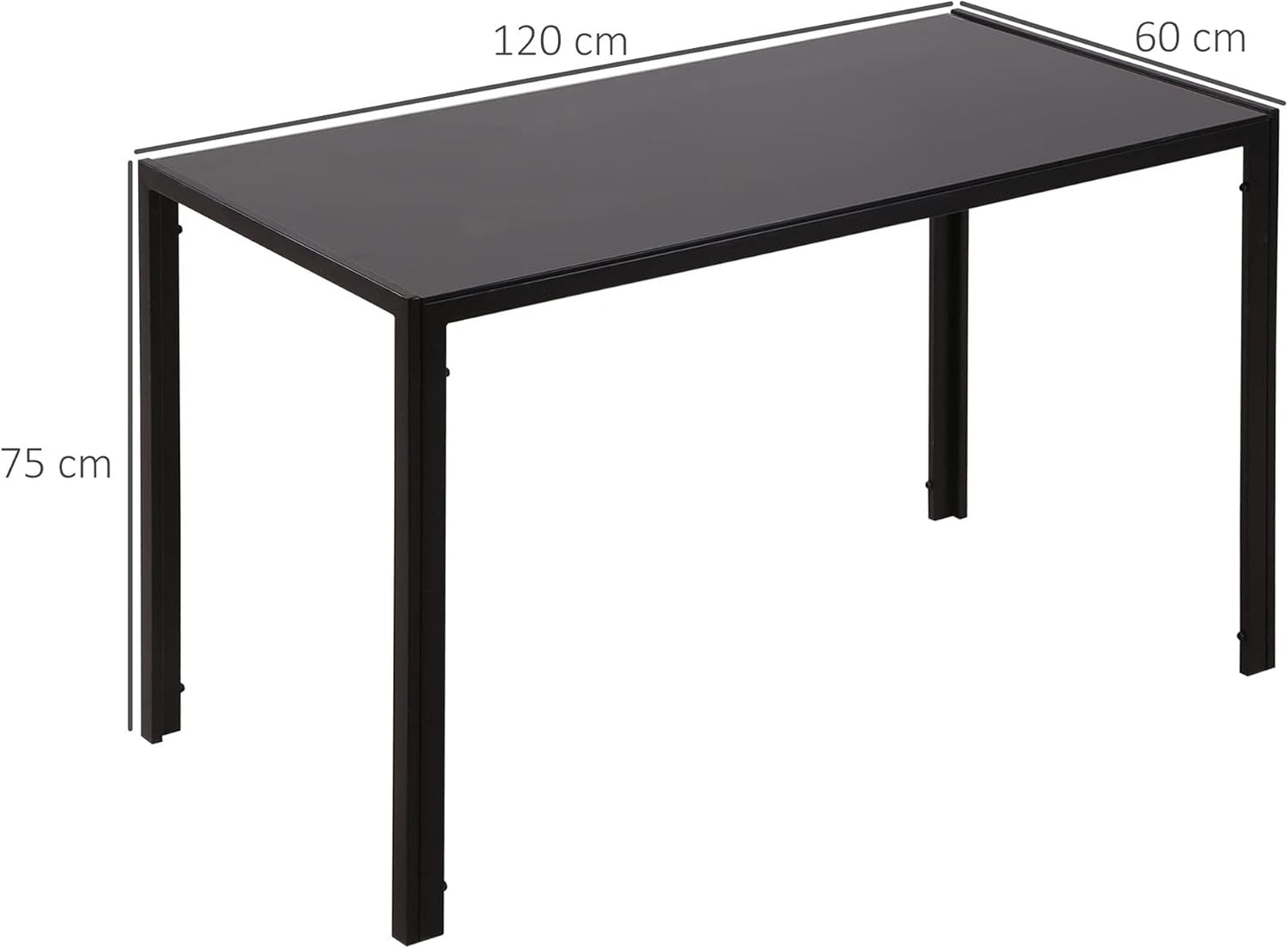 Dining Table Kitchen Table for 4 People, Dining Room Table, Living Room Table with Tempered Glass Top for Kitchen, Dining Room, Metal, Black, 120 x 60 x 75 cm