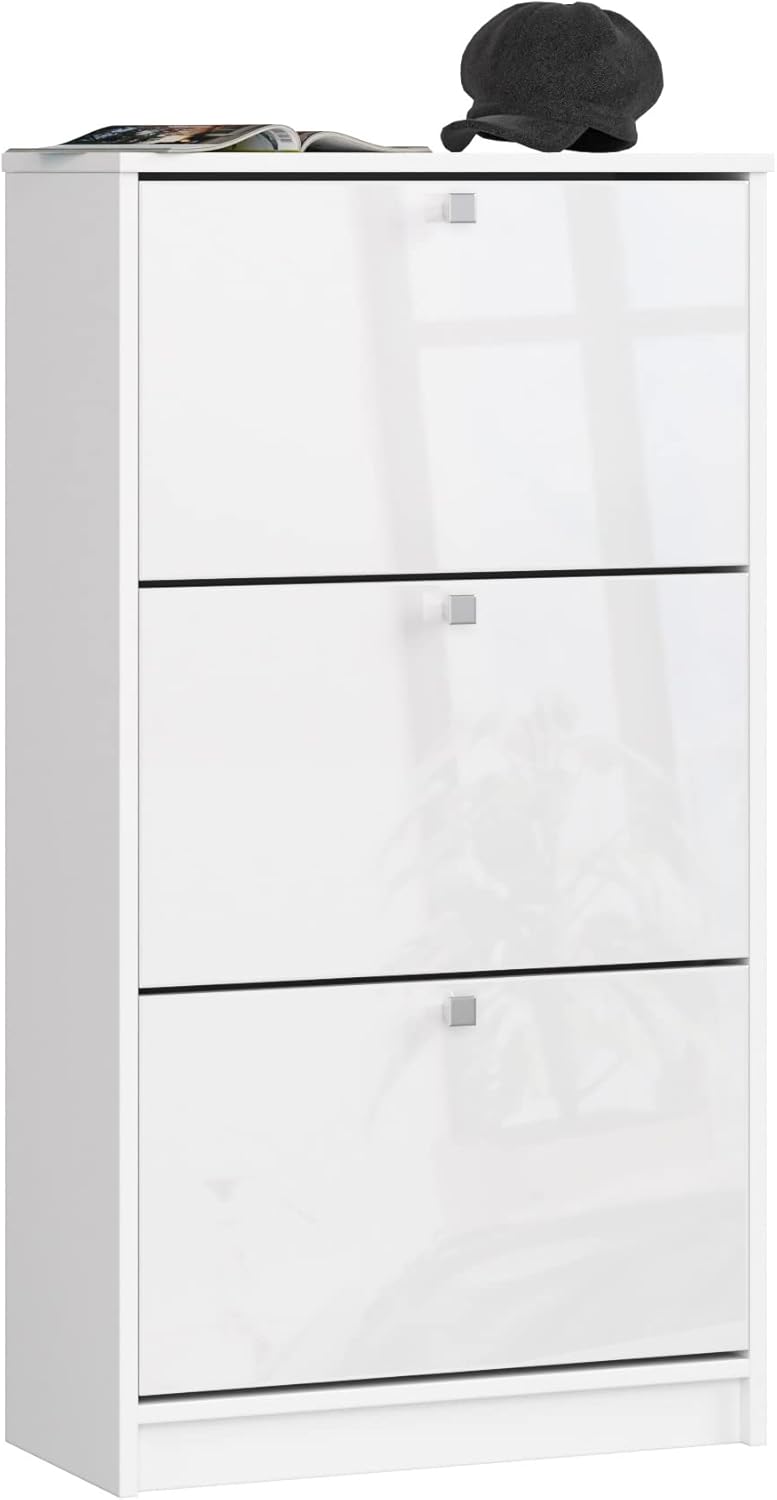 AKORD Shoe Cabinet with 3 Shoe Tipper | Shoe Rack Closed | Shoe Bench | Shoe Storage | W 60 x H 113 x D 28.5 cm, Weight 29 kg | Colour White/White Glossy