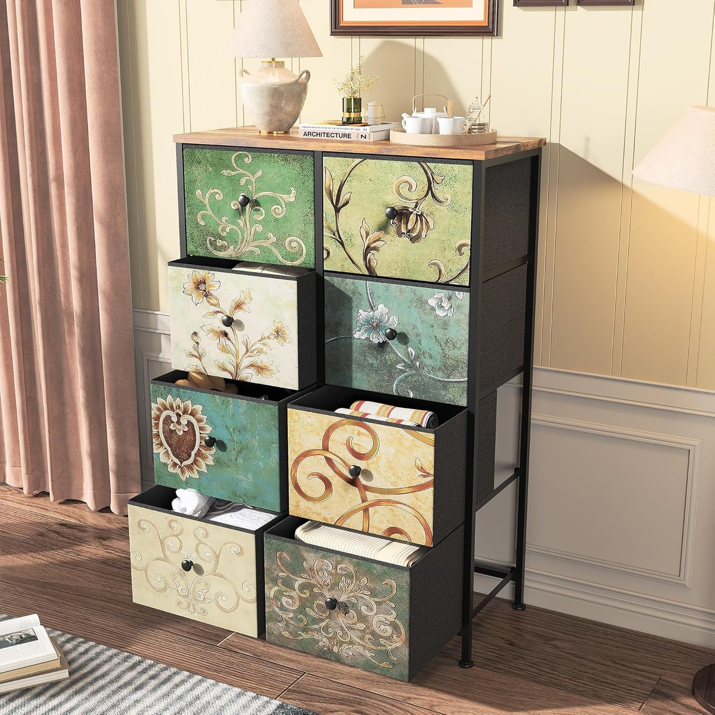 Chest of Drawers with 8 Drawers, Sideboard, Chest of Drawers, Side Cabinet, Slim Fabric Chest of Drawers for Living Room, Bedroom, Hallway, Rustic, 67.5 x 30 x 100 cm