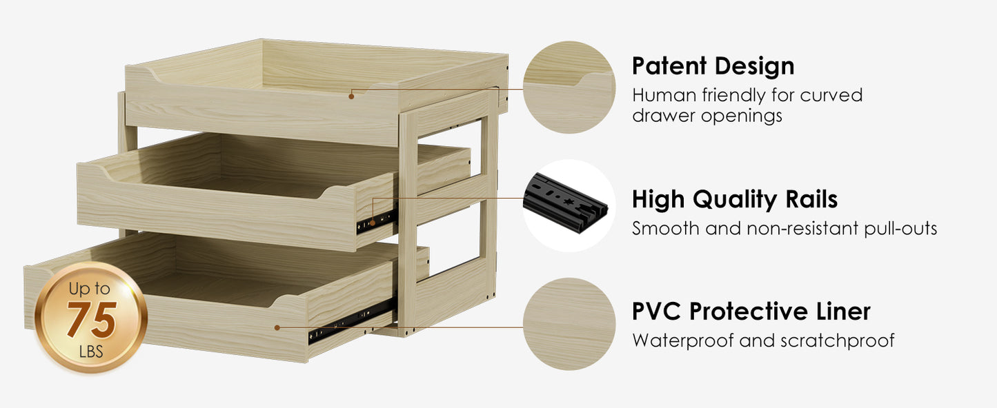 Adjustable Height Wood Pull Out Organizer 7.5” W × 21.5” D Smooth Pull Out Drawers for Cabinets 3 Tier Slide Out Drawers for Kitchen Cabinets Under Sink Wood