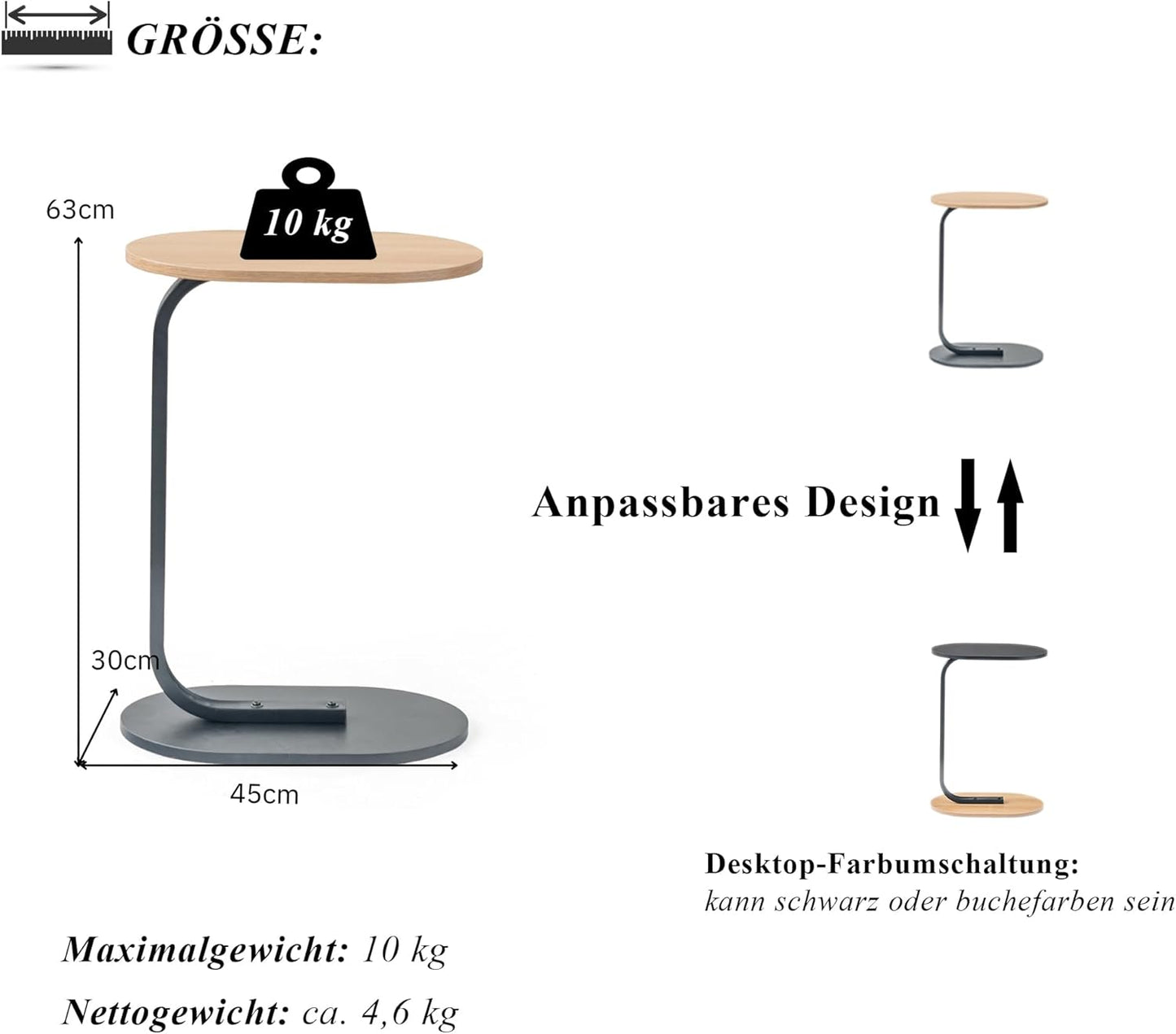 Side Table 63 cm High Sofa Side Tables Small Table Living Room Wood Side Table C-shaped for Sofa Couch Bed Living Room Table Small Oval Side Table Black and Beech 45 x 30 x 63 cm