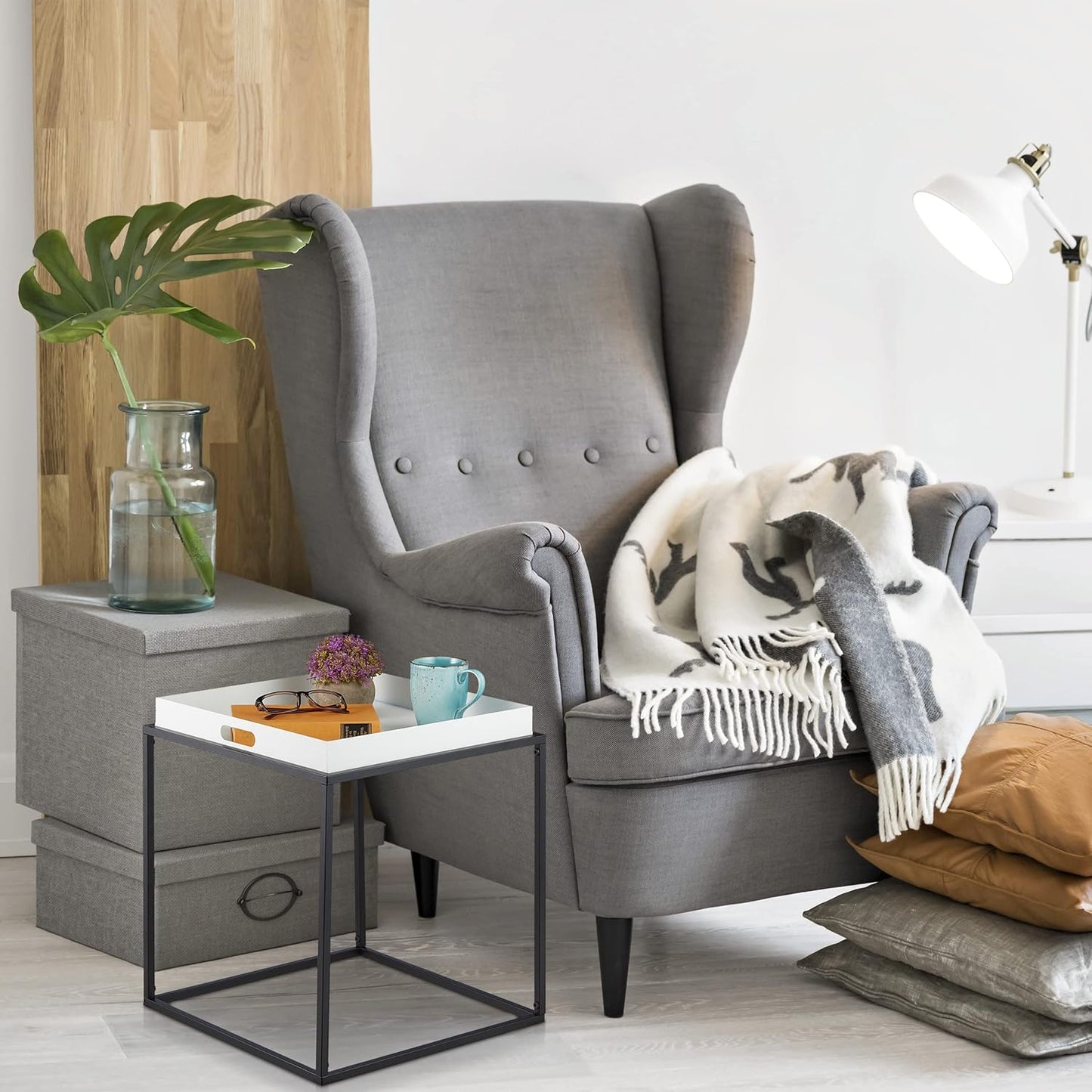 Side Table, Storage Table with Serving Tray, Height 47 x 42 x 42 cm, Steel, Square Sofa Table, White/Black