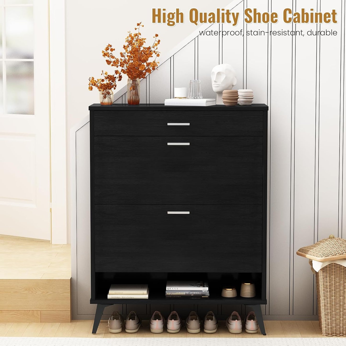 Shoe Cabinet, Improved Free Standing Shoe Storage Cabinet for Entryway, Modern Narrow Shoe Organizer Rack with 2 Flip Cabinets and Open Shelves- Black