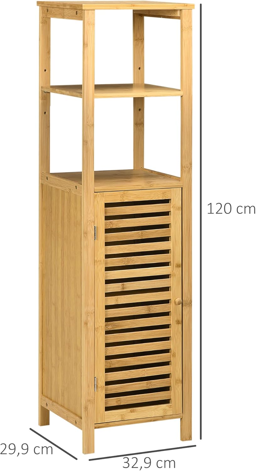 Bathroom Cabinet, Height Adjustable, Bamboo Bathroom Furniture with Cabinet, Two Open Shelves for Bathroom, Approx. 33 x 30 x 120 cm, Natural Wood