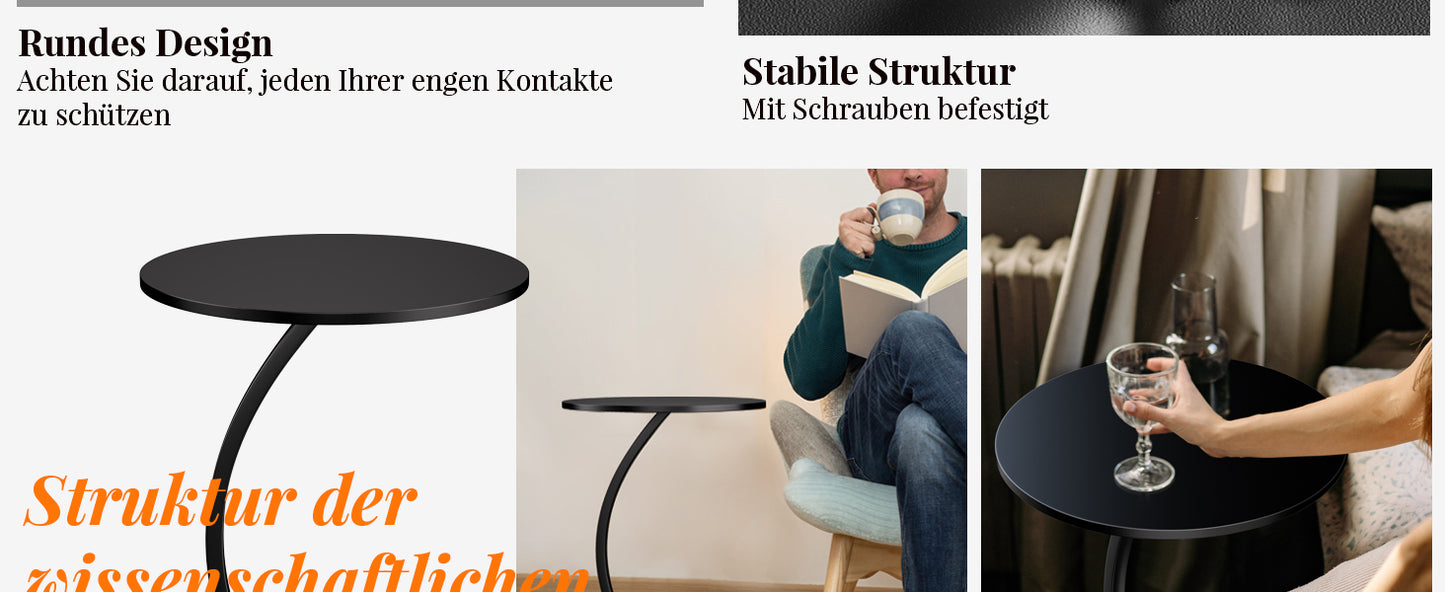 Side Table, Small Side Table, C Shape, Mobile Sofa Table, Living Room Table, C-Shape with Metal Frame, Round Table as Storage Surface for Sofa for Coffee and Laptop (Dark)