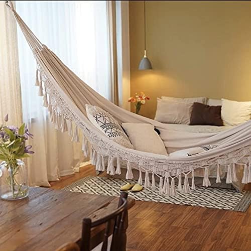 Outdoor Hammock Garden Hammock Cotton Hammock Bed Macrame Fringe Hammocks Boho Balcony Hammock Handmade Tassels 2 Person Double Hammock 250 kg for Home Beach Patio