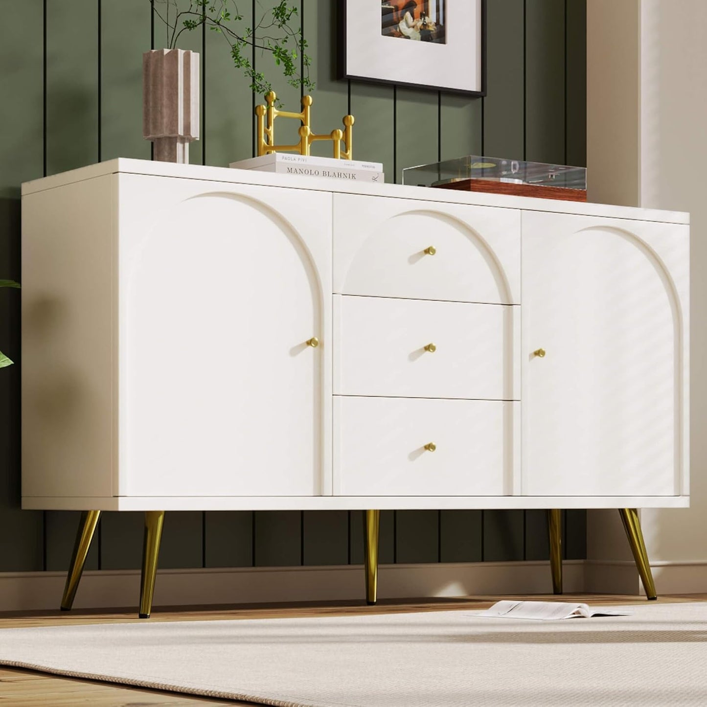 Chest of Drawers, Sideboard with 2 Doors and 3 Drawers, Multi-Purpose Cabinet with Adjustable Shelf and Worktop, Hallway Cabinet, Storage Cabinet for Bedroom, Living Room, White