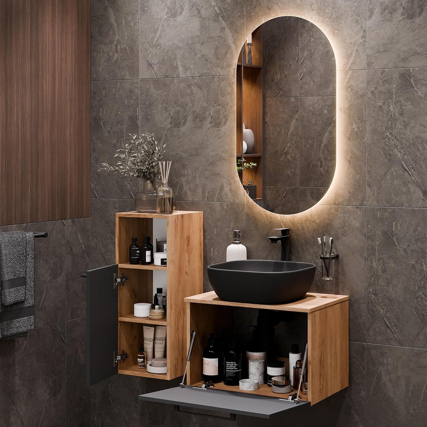 Astra Bathroom Furniture Set with Wash Basin 60 cm with 1 x Midi Cabinet Gold Oak Anthracite, Countertop Sink 42 cm Black, Mirror (with LED) 50 cm