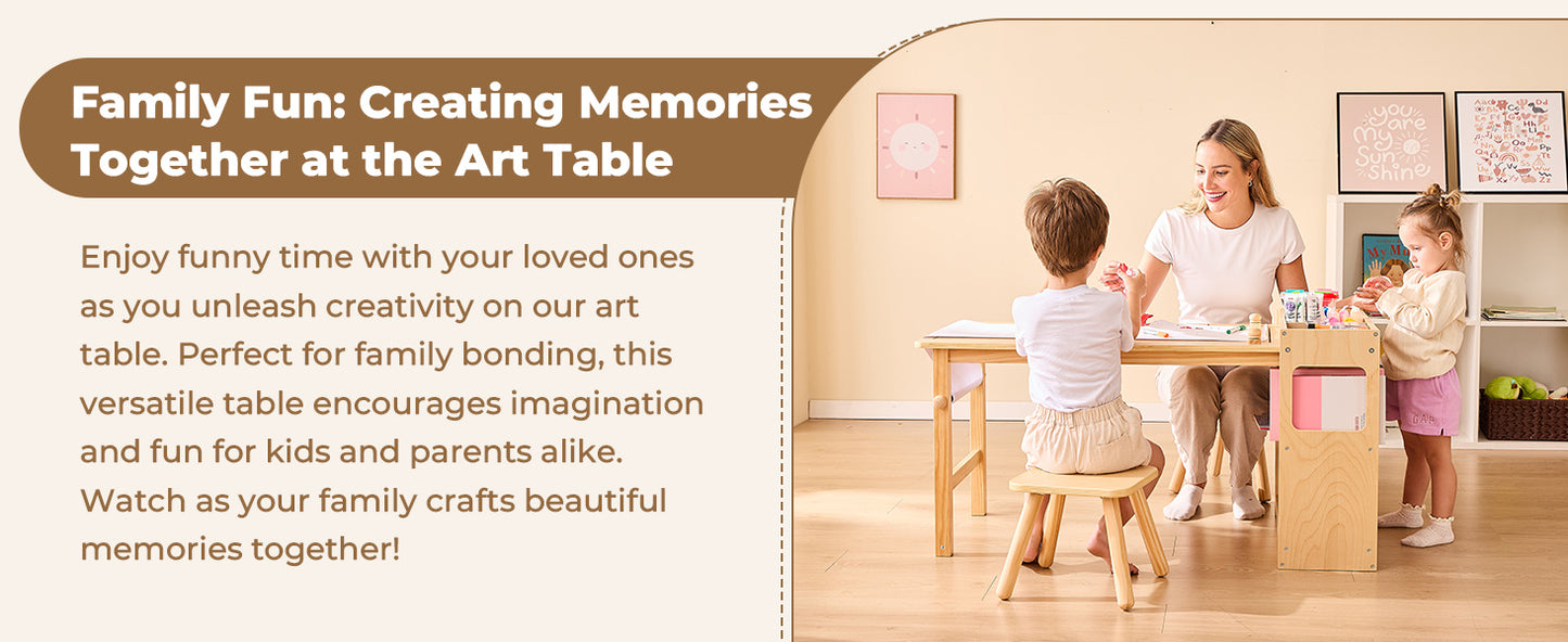 Kids Art Table & 2 Chairs Set with Roll Paper - Spacious Craft Table with Storage Shelves for Drawing, Activities, and Study - Ideal Wooden Furniture for Creative Play