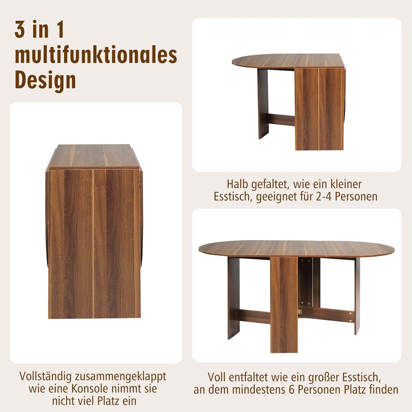 Dining Table with 3 Shapes, Folding Console Table, Wooden Side Table, Folding Table with Rounded Corners, Multifunctional, Round, Modern, for Dining Room, Living Room, Kitchen, Brown