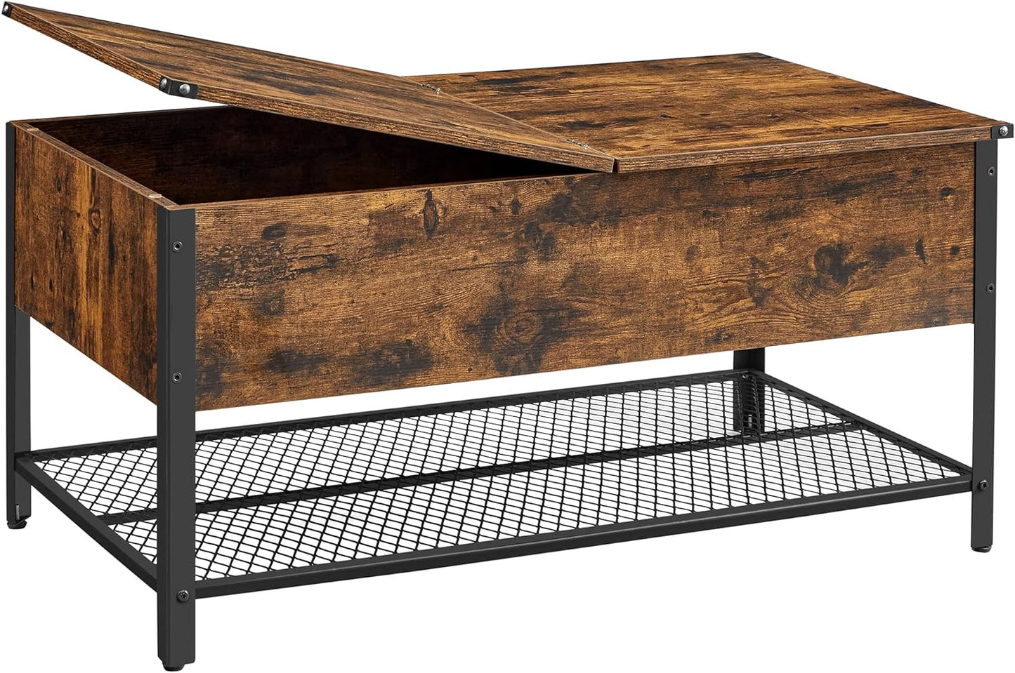 Coffee Table Living Room Table with Folding Top Closed Compartment and Mesh Shelf Metal Frame Industrial Style 100 x 55 x 47 cm Rustic Brown and Black LCT230B01