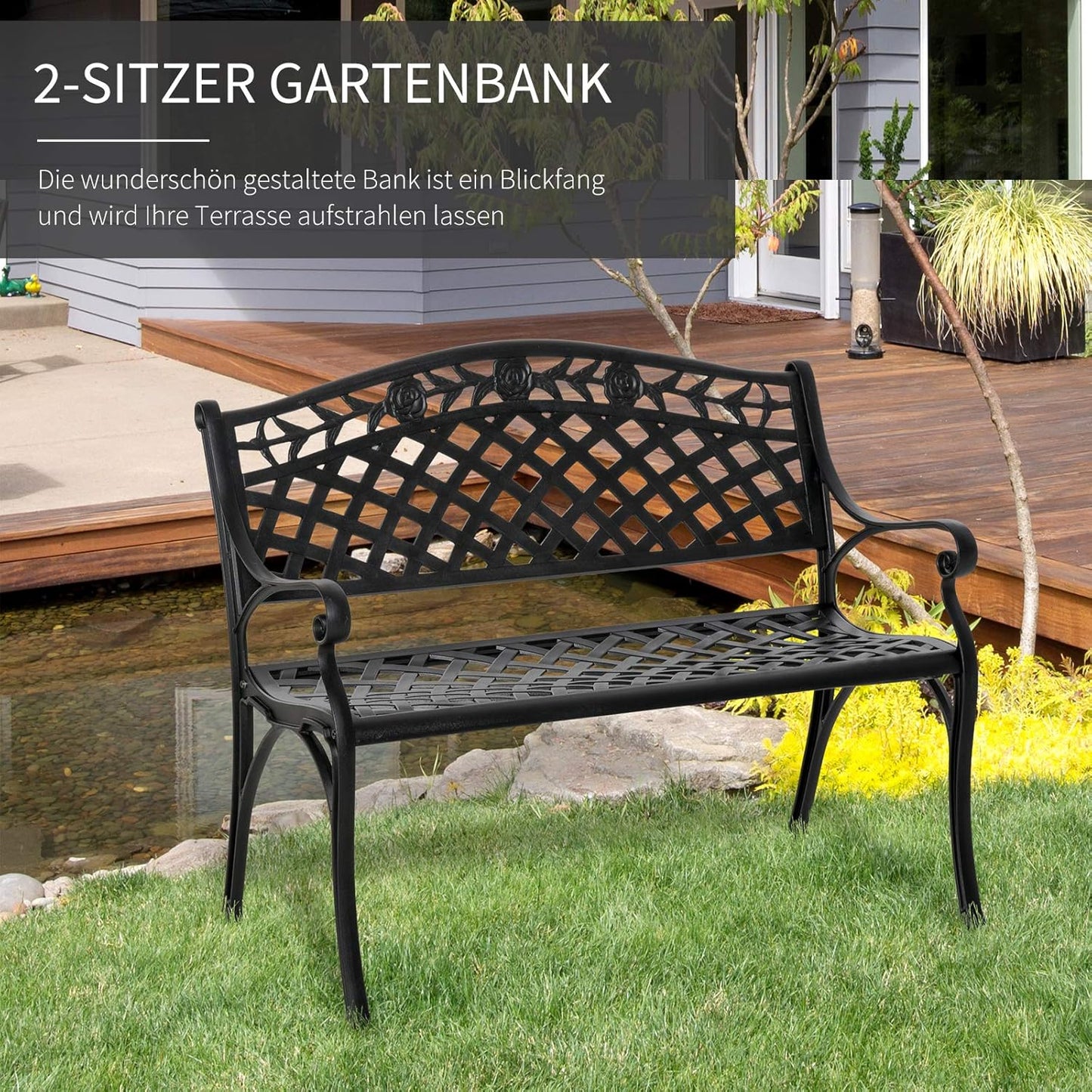 2-Seater Aluminium Garden Bench Metal Bench with Armrests Country House Style Black 102.5 x 61 x 84 cm