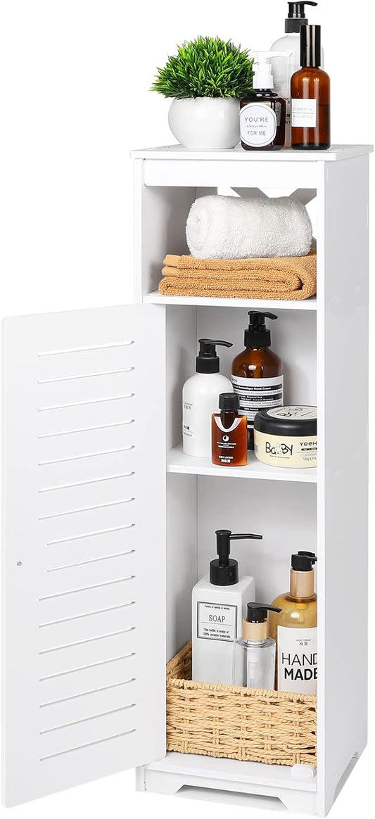 Bathroom Floor Cabinet 1 Tier Single Door Freestanding Storage Organizer Hallway Entrance Cabinet Narrow Bathroom Shelf for Living Room Kitchen White