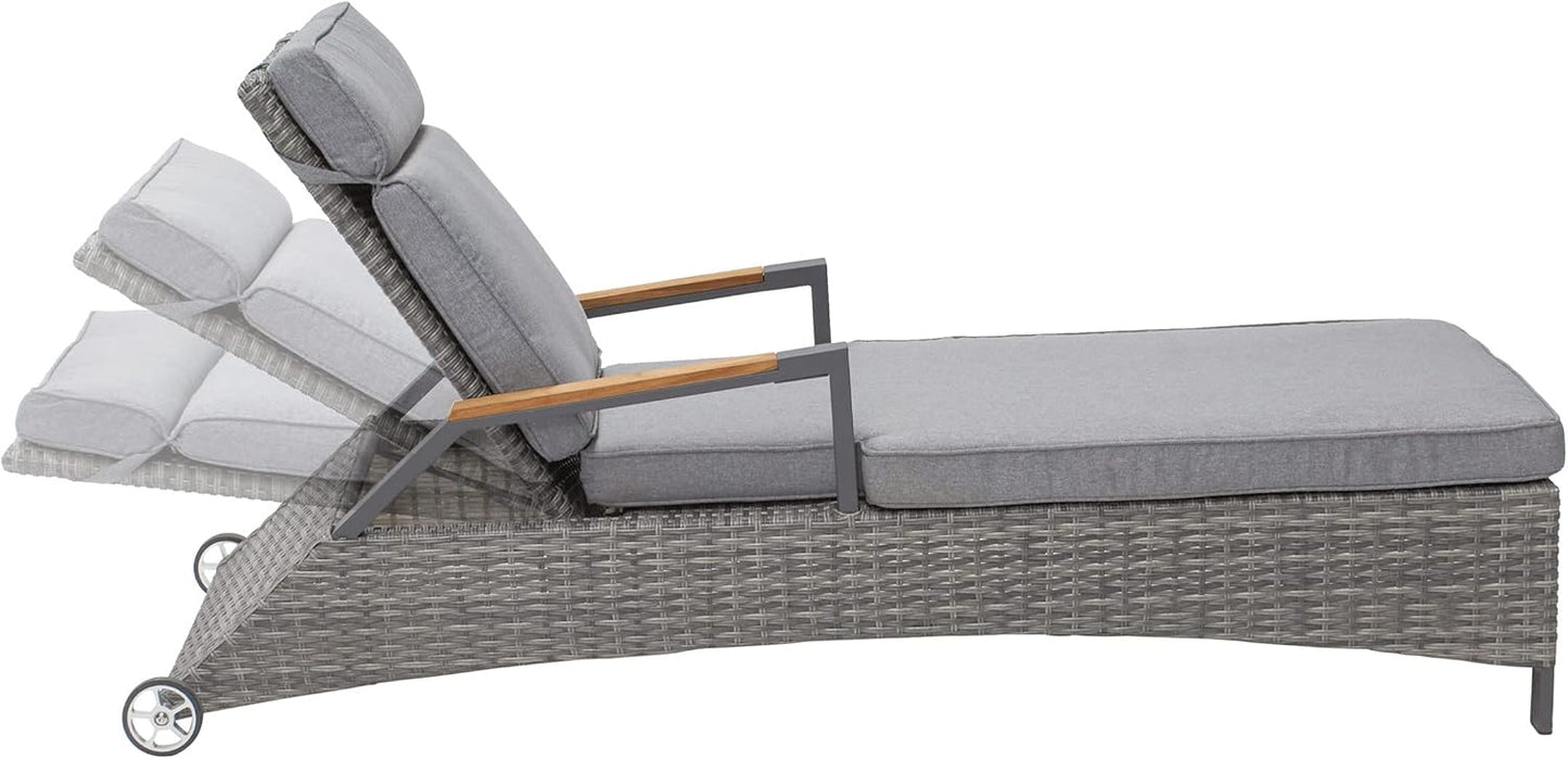 Teak Living Sun Lounger Garden Lounger Natural Grey Outdoor Recliner with Real Teak Wood Armrests Oiled