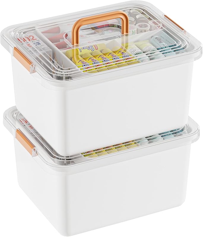 Plastic Storage Bins with Removable Tray and Lids 15 QT Craft Organizers and Storage Clear Container with Handle, Arts and Crafts Organizer, Stackable and Secure Latch for Bead, Tool, Sewing